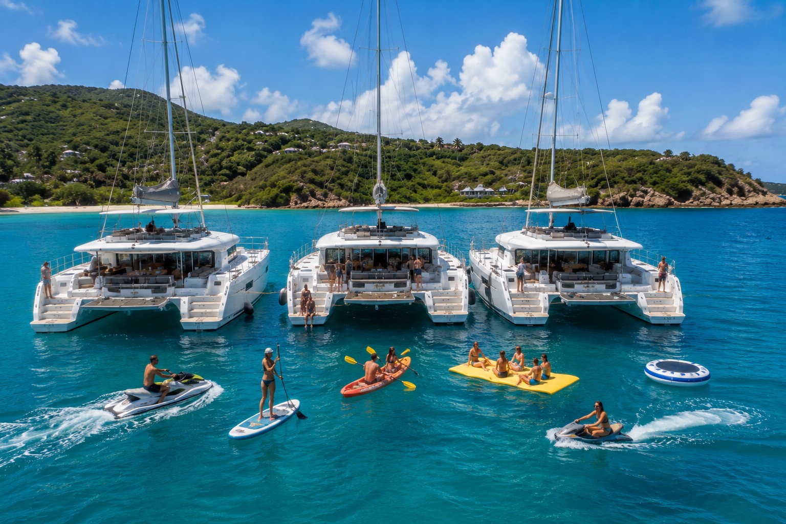 Three yachts rafted together in the British Virgin Islands with guests enjoying paddleboards, kayaks, jet skis and a floating water mat between them