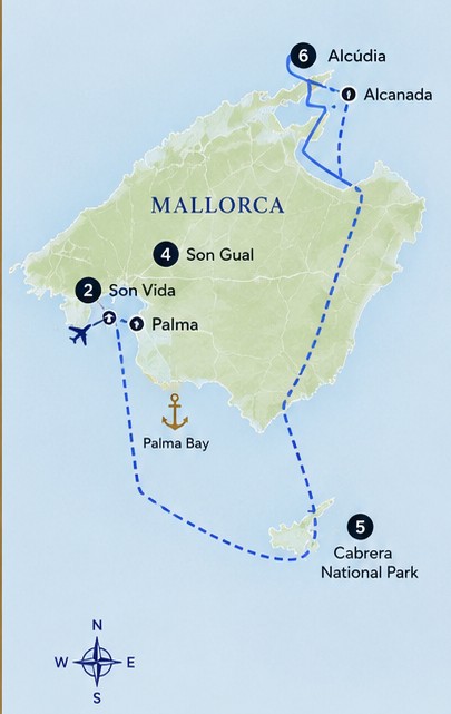 Map of the 7-night Mallorca golf and yacht charter route: Palma, Port Adriano, Son Vida, Port de Sóller, Son Gual, Cabrera National Park, and Alcúdia