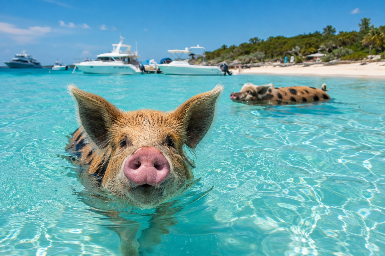 One of the Bahamas' famous swimming pigs in shallow turquoise water off Exuma, with charter yachts anchored in the background