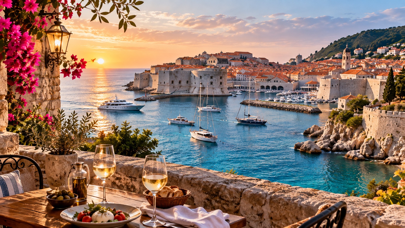 Sunset dinner overlooking Dubrovnik's old town harbor with yachts at anchor