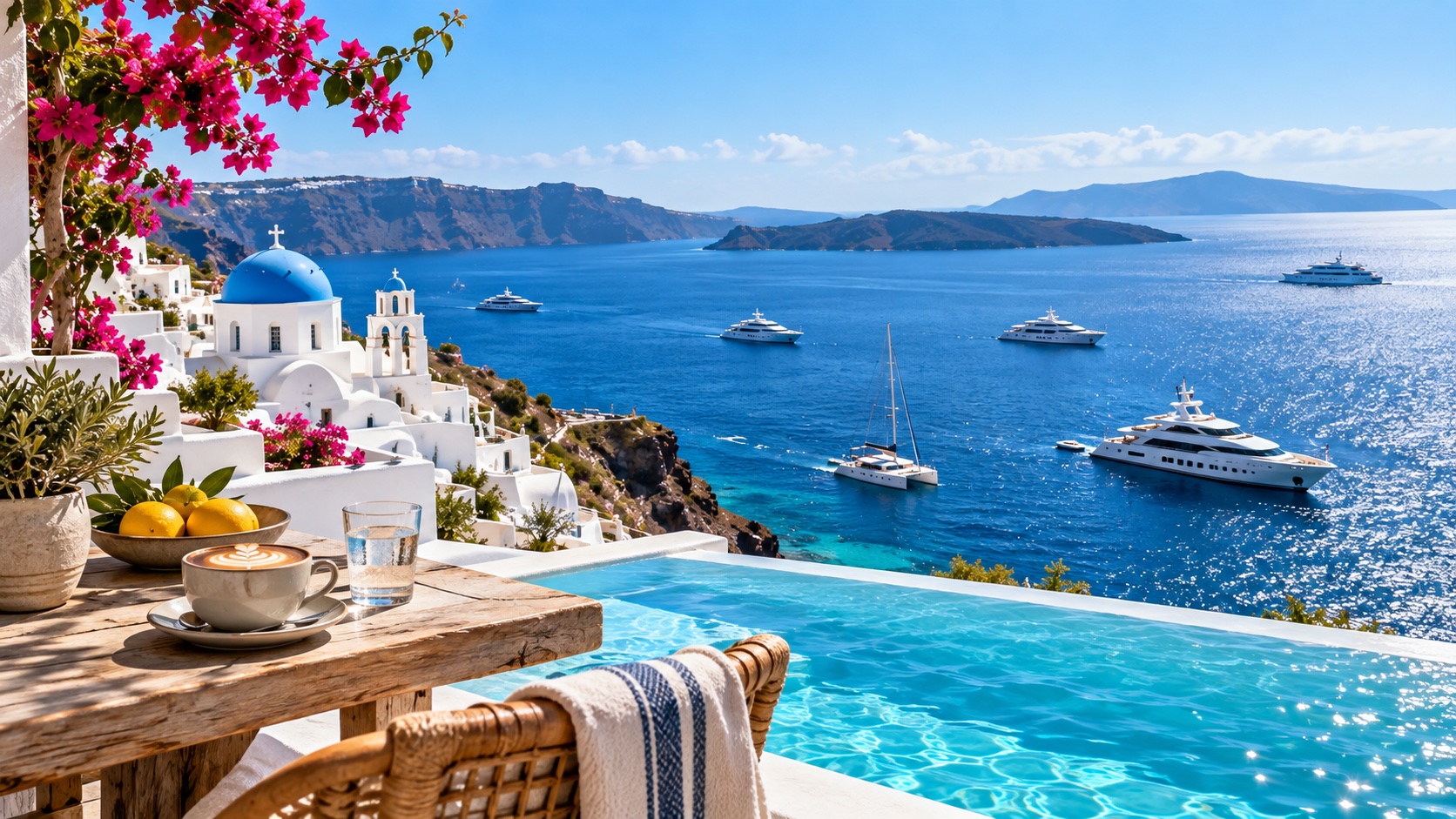 Poolside terrace in Santorini overlooking the caldera with yachts anchored below