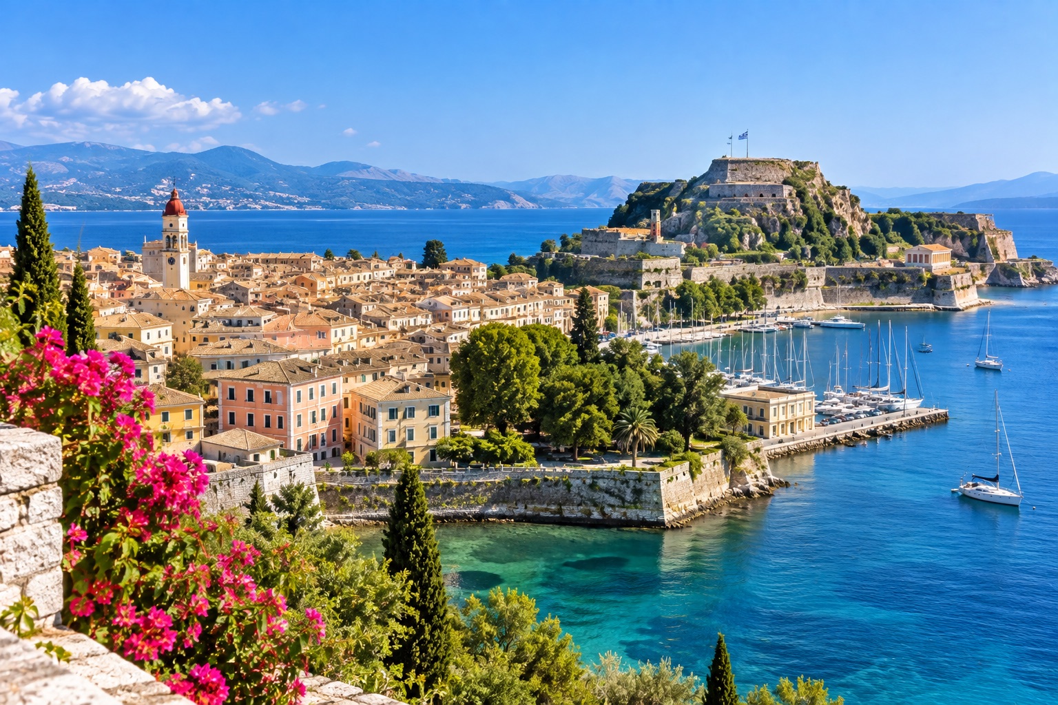 Aerial view of Corfu's UNESCO-listed Old Town, its fortress and marina with anchored sailboats, Greece