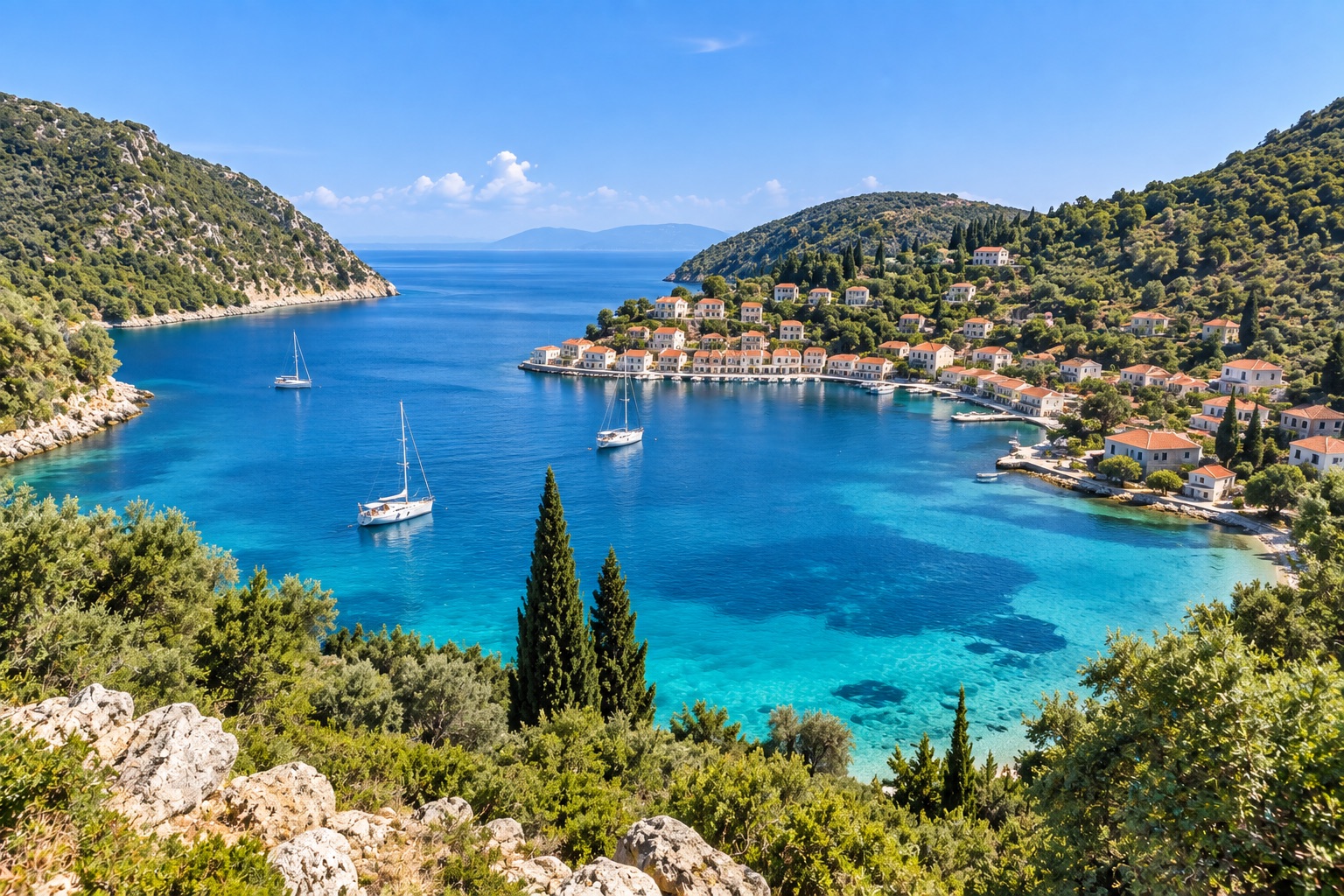 A quiet bay with a hillside village and anchored sailboats on Ithaca in the Ionian Islands, Greece