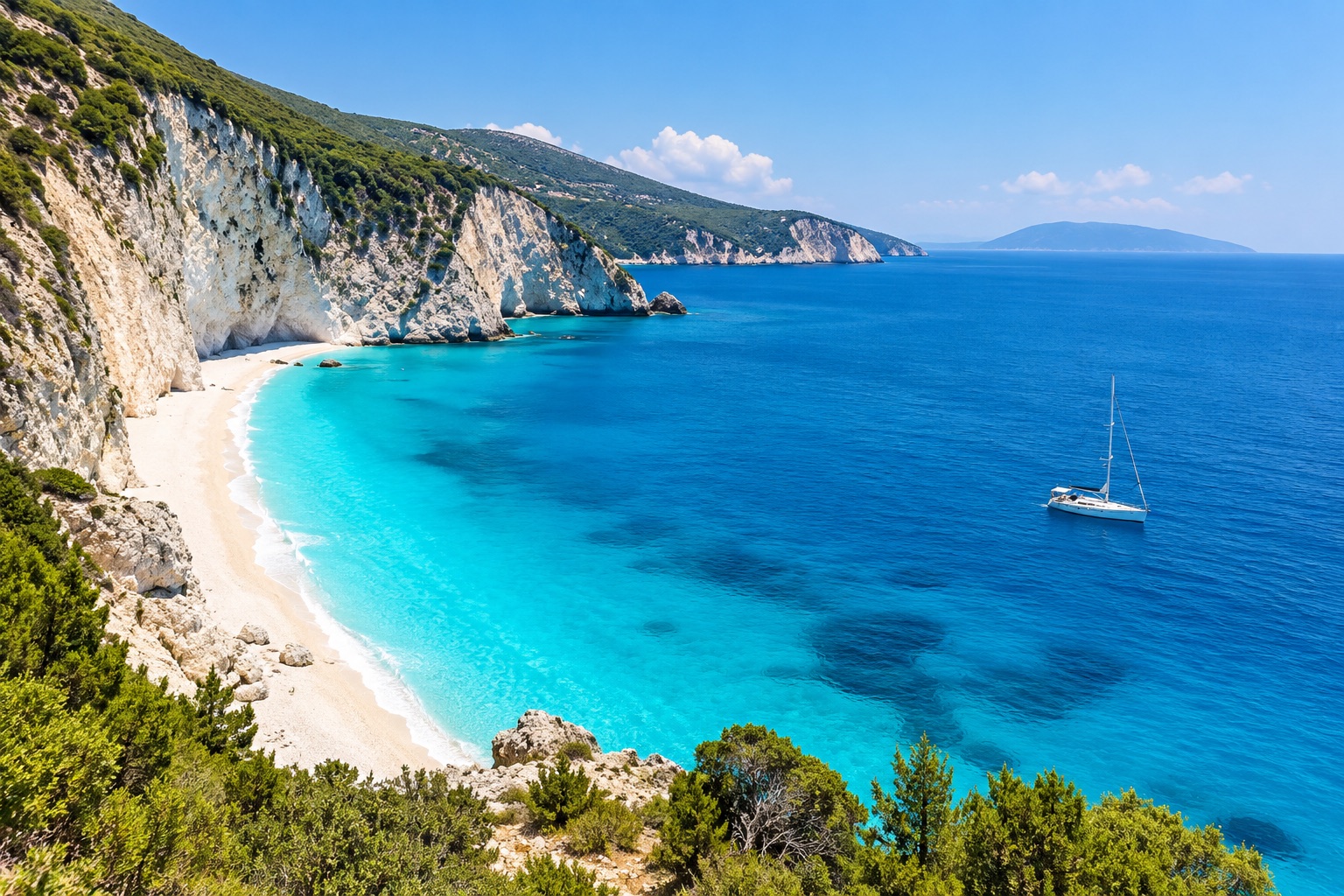Turquoise water and dramatic white cliffs at Porto Katsiki beach on Lefkada, Greece, with a sailing yacht anchored offshore