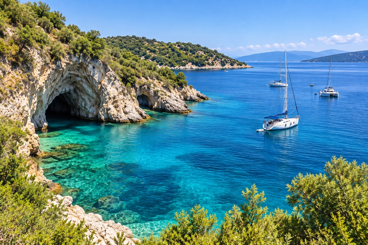 A sea cave and anchored sailing yachts in a turquoise cove off Meganisi in the Ionian Islands, Greece