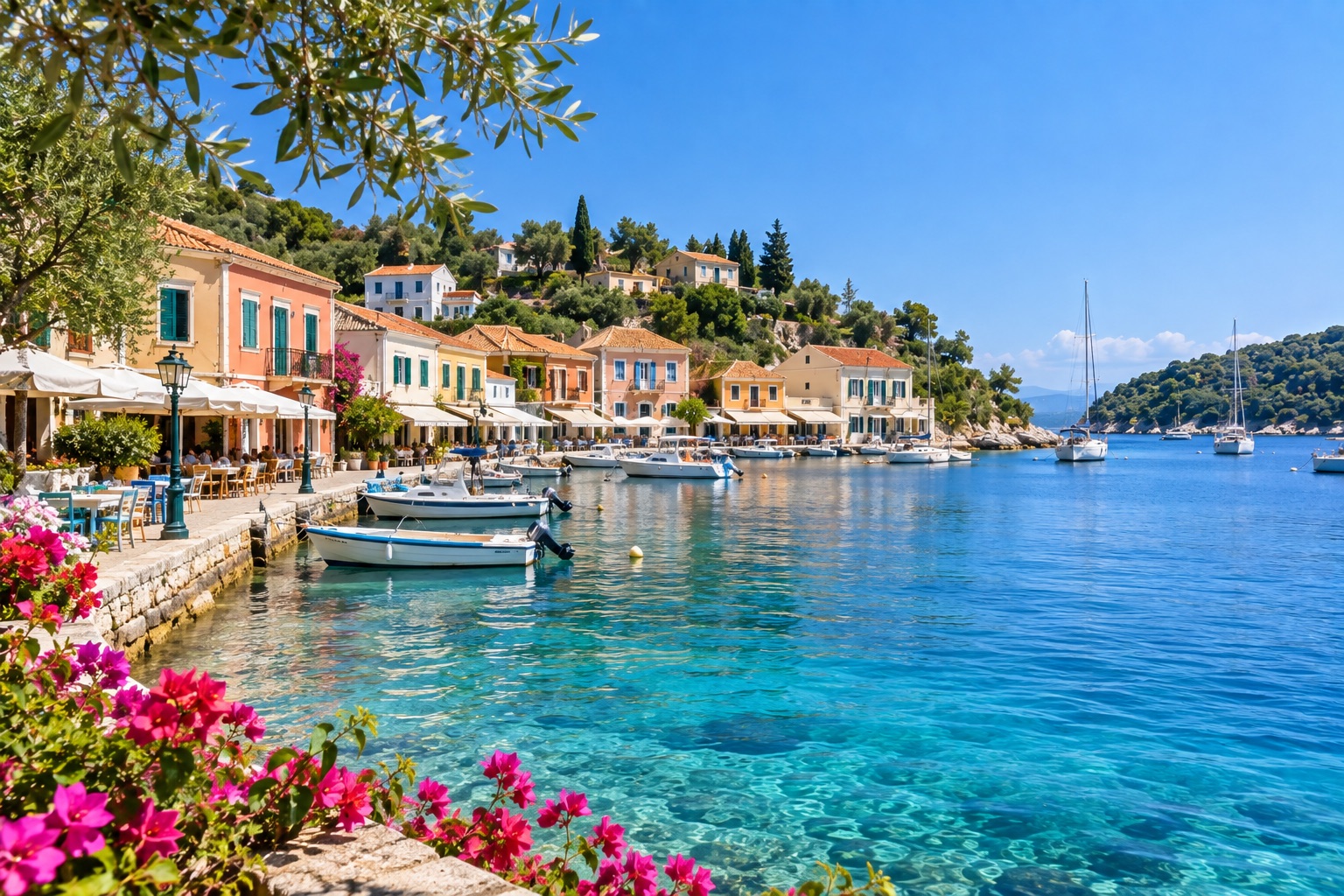 Colorful waterfront buildings, small boats and bougainvillea in Gaios, the main village on Paxos, Greece