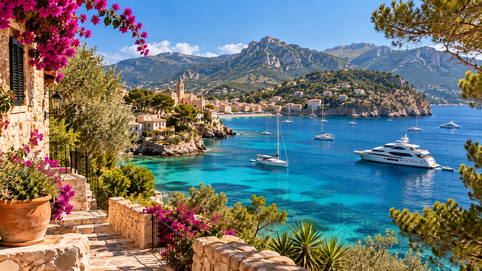 Yachts anchored in a turquoise cove off a Mallorca hillside village