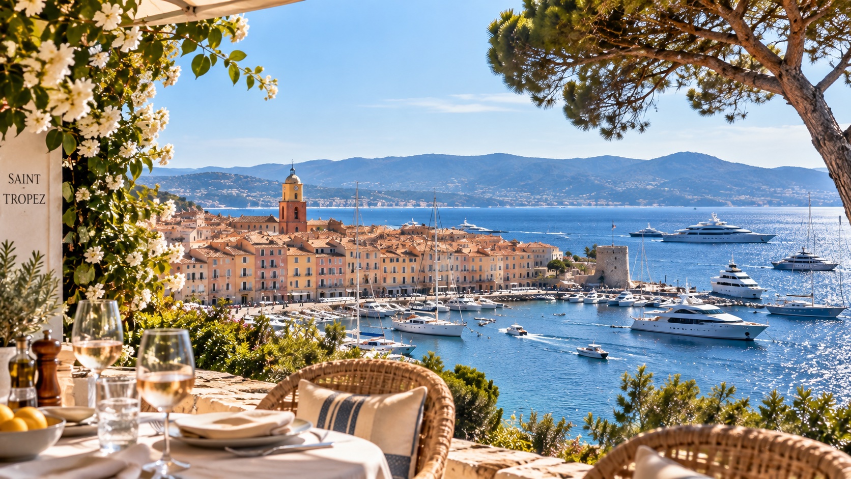 Terrace lunch overlooking Saint-Tropez harbor with yachts moored along the quay