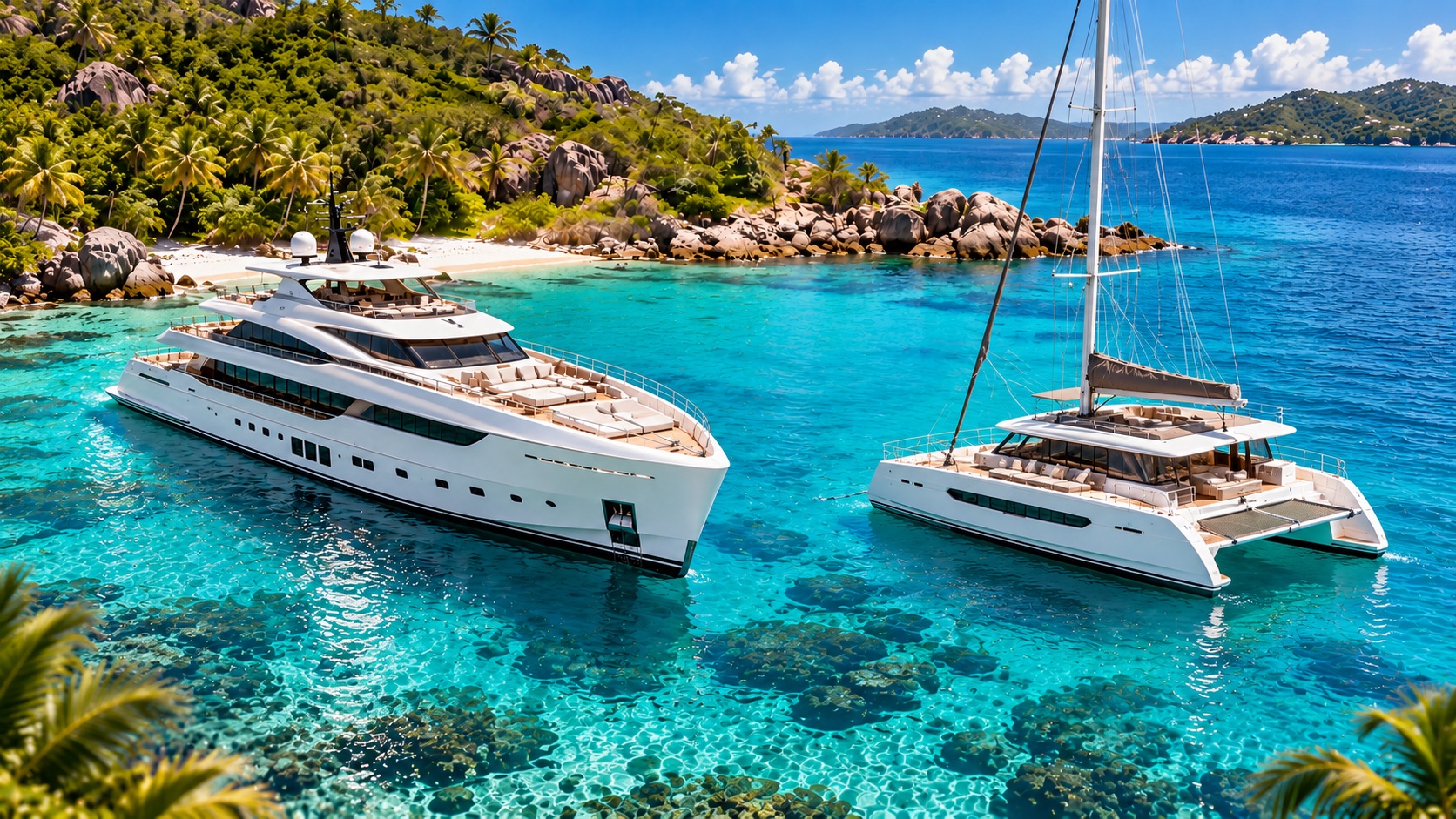 A private motor yacht and a luxury catamaran anchored in a turquoise tropical cove