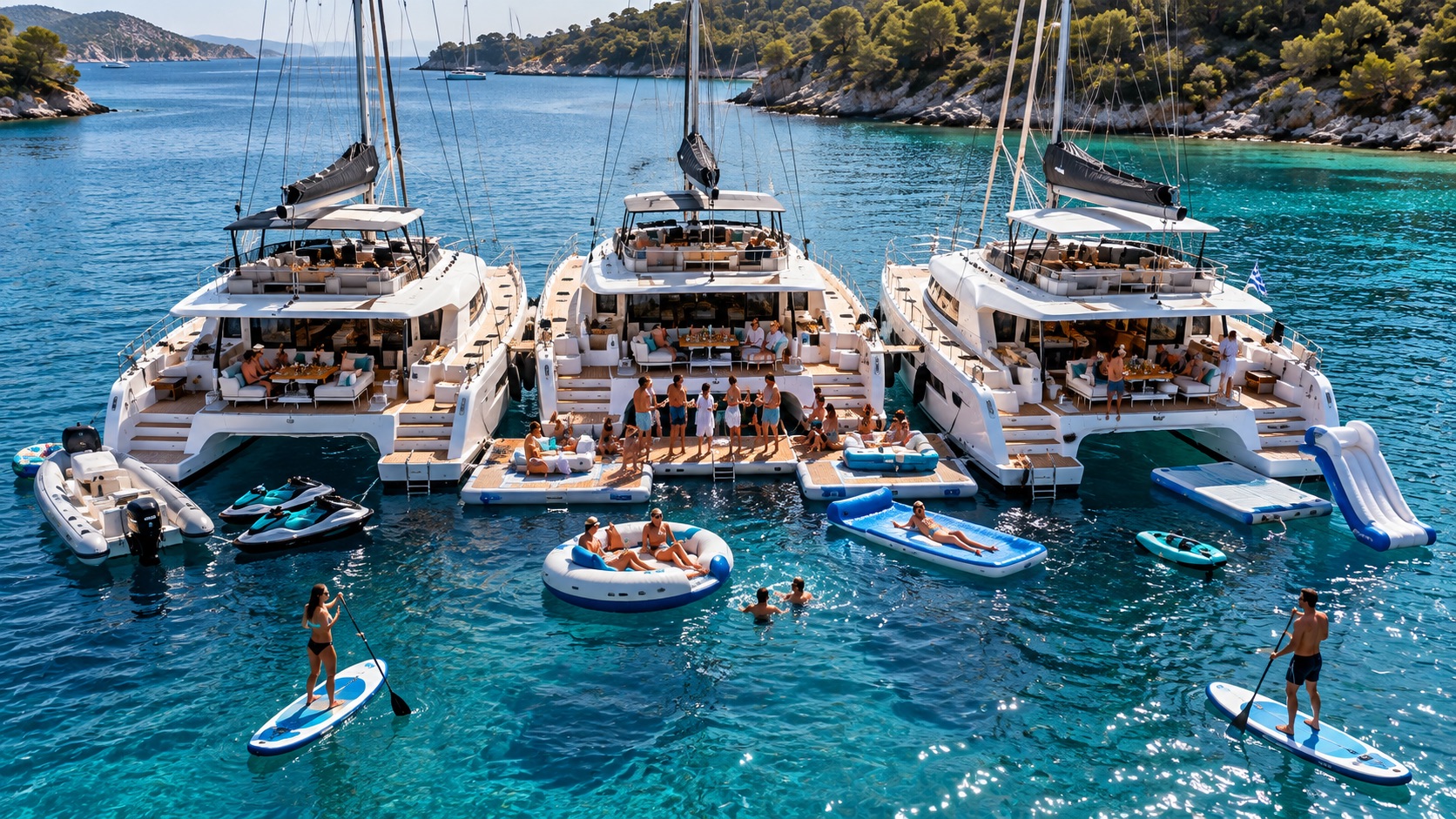 Three luxury catamarans anchored side by side in a turquoise cove, guests on paddleboards, jet skis, inflatable docks and a water slide between the yachts