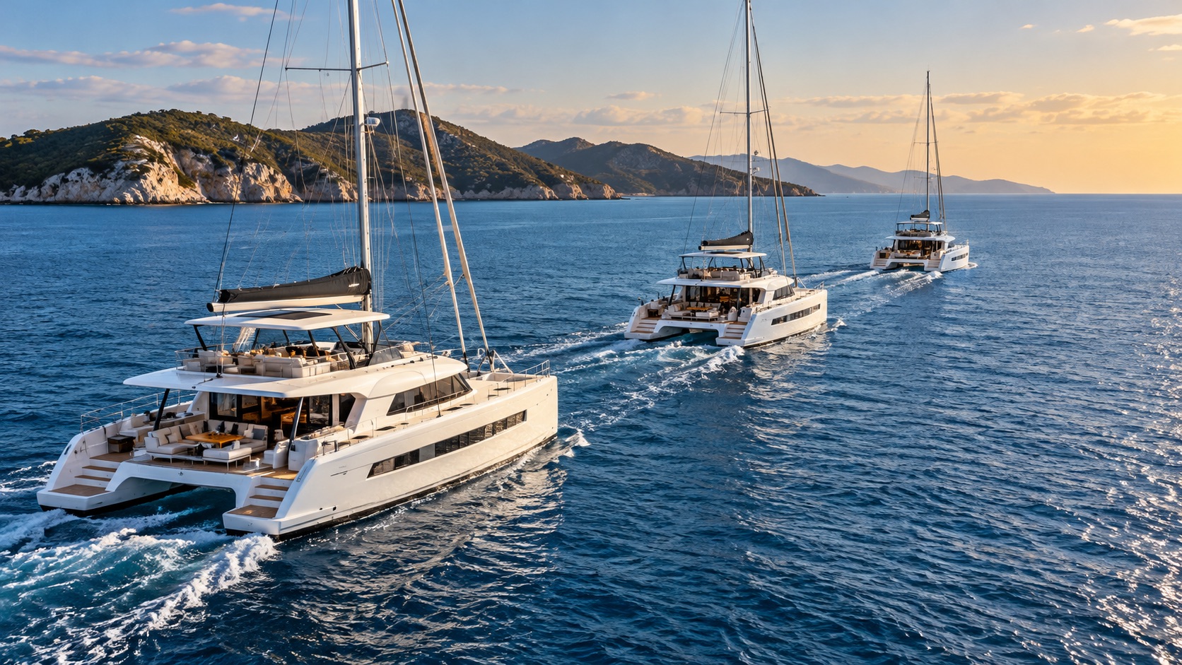 Three luxury catamarans cruising in a line across the open Mediterranean at sunset, a tandem charter underway